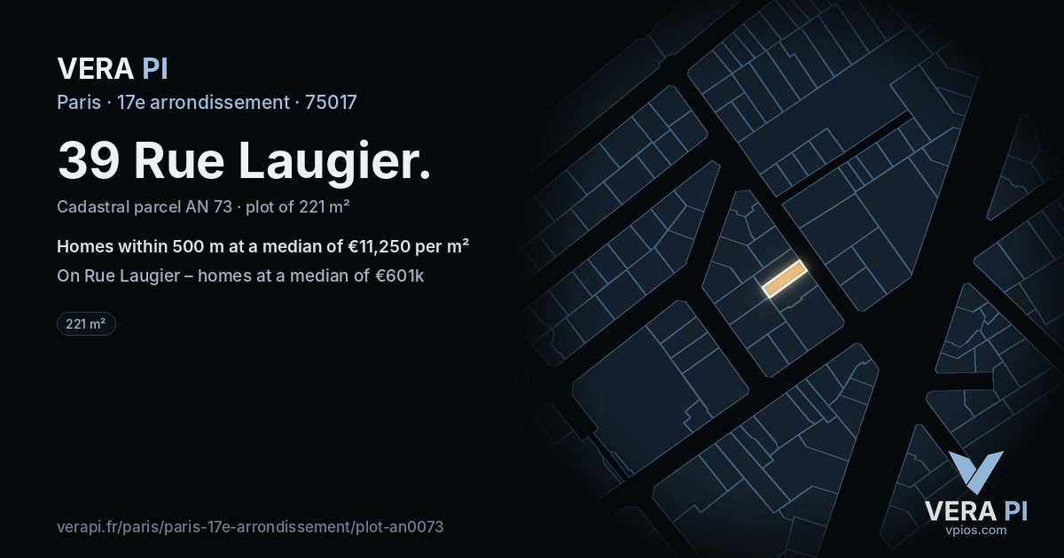 39 Rue Laugier, 17e arrondissement at night – the plot lit, the parcels around coloured by the prices near them