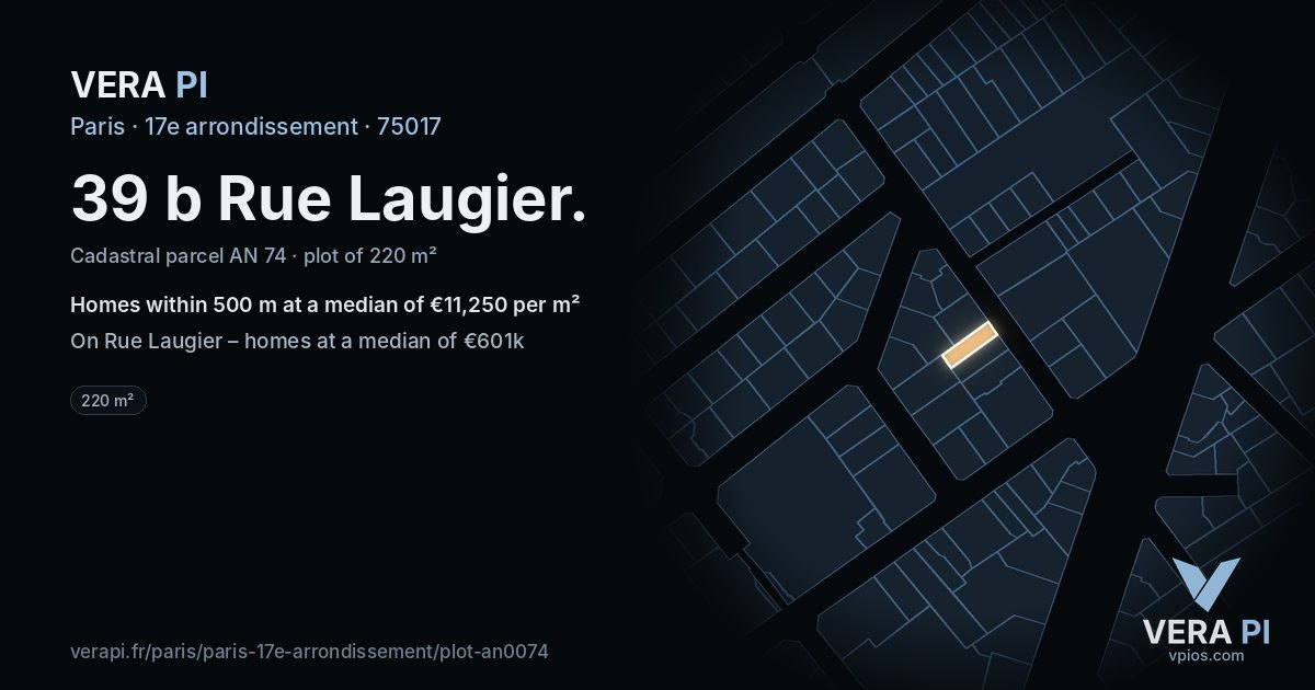 39 b Rue Laugier, 17e arrondissement at night – the plot lit, the parcels around coloured by the prices near them