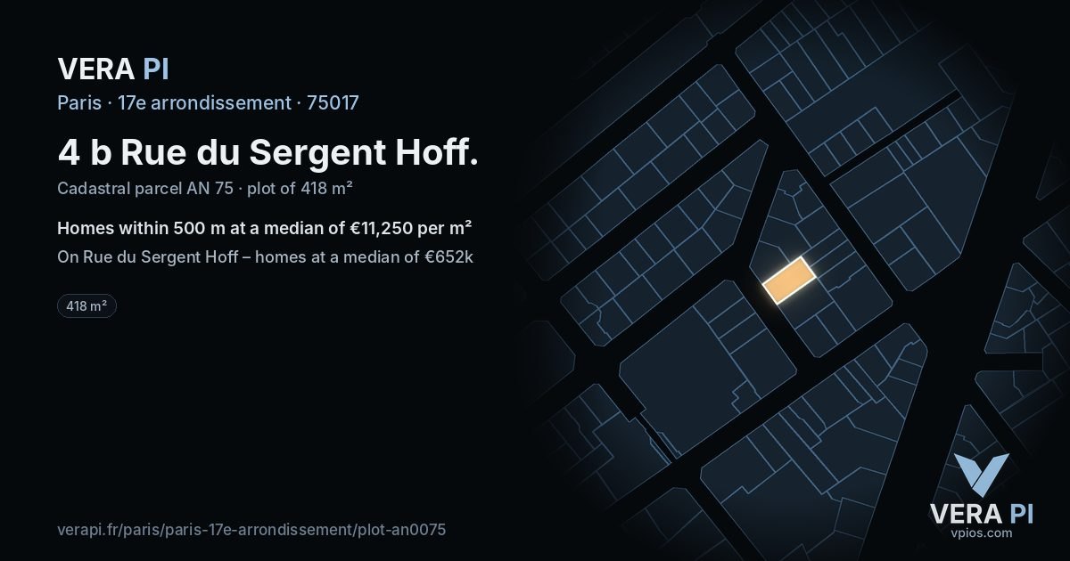 4 b Rue du Sergent Hoff, 17e arrondissement at night – the plot lit, the parcels around coloured by the prices near them