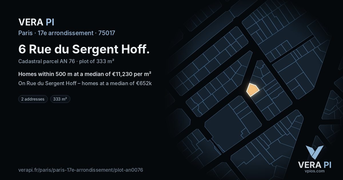 6 Rue du Sergent Hoff, 17e arrondissement at night – the plot lit, the parcels around coloured by the prices near them