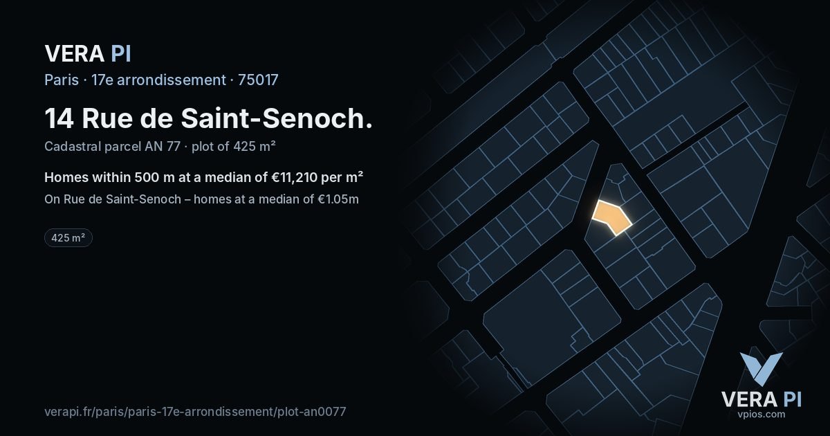 14 Rue de Saint-Senoch, 17e arrondissement at night – the plot lit, the parcels around coloured by the prices near them
