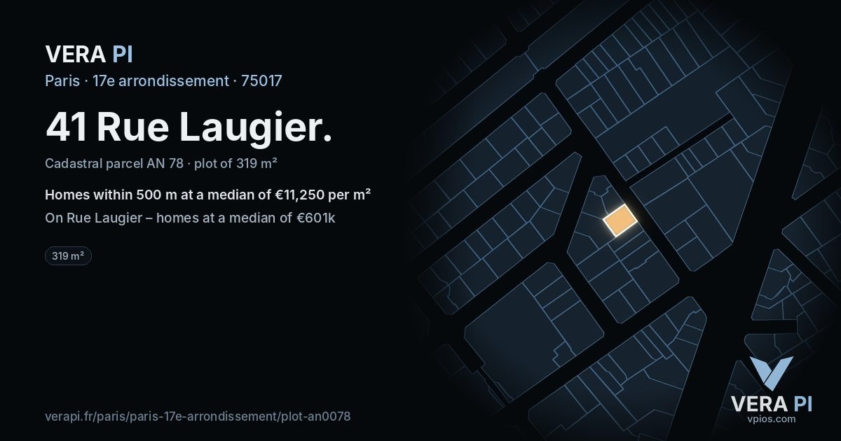 41 Rue Laugier, 17e arrondissement at night – the plot lit, the parcels around coloured by the prices near them