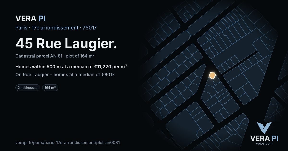 45 Rue Laugier, 17e arrondissement at night – the plot lit, the parcels around coloured by the prices near them