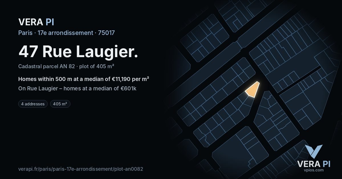 47 Rue Laugier, 17e arrondissement at night – the plot lit, the parcels around coloured by the prices near them