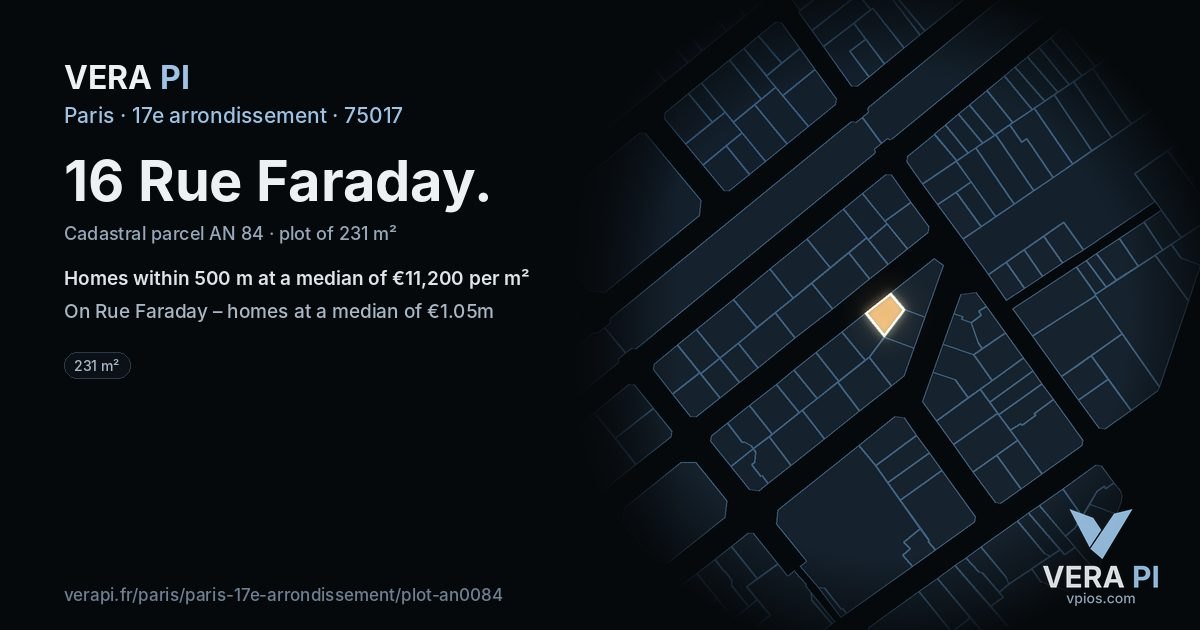 16 Rue Faraday, 17e arrondissement at night – the plot lit, the parcels around coloured by the prices near them