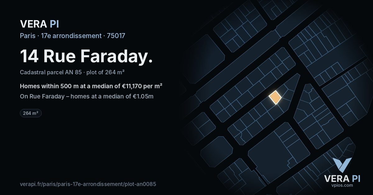 14 Rue Faraday, 17e arrondissement at night – the plot lit, the parcels around coloured by the prices near them