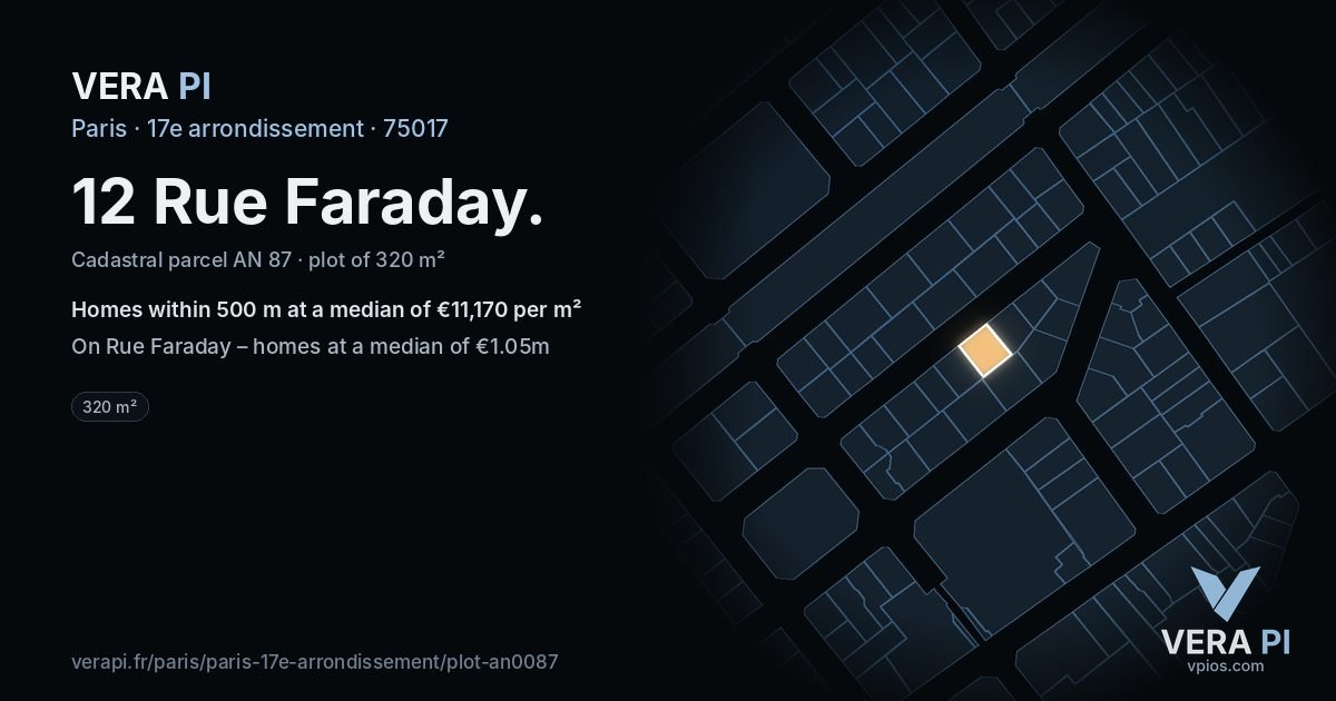 12 Rue Faraday, 17e arrondissement at night – the plot lit, the parcels around coloured by the prices near them