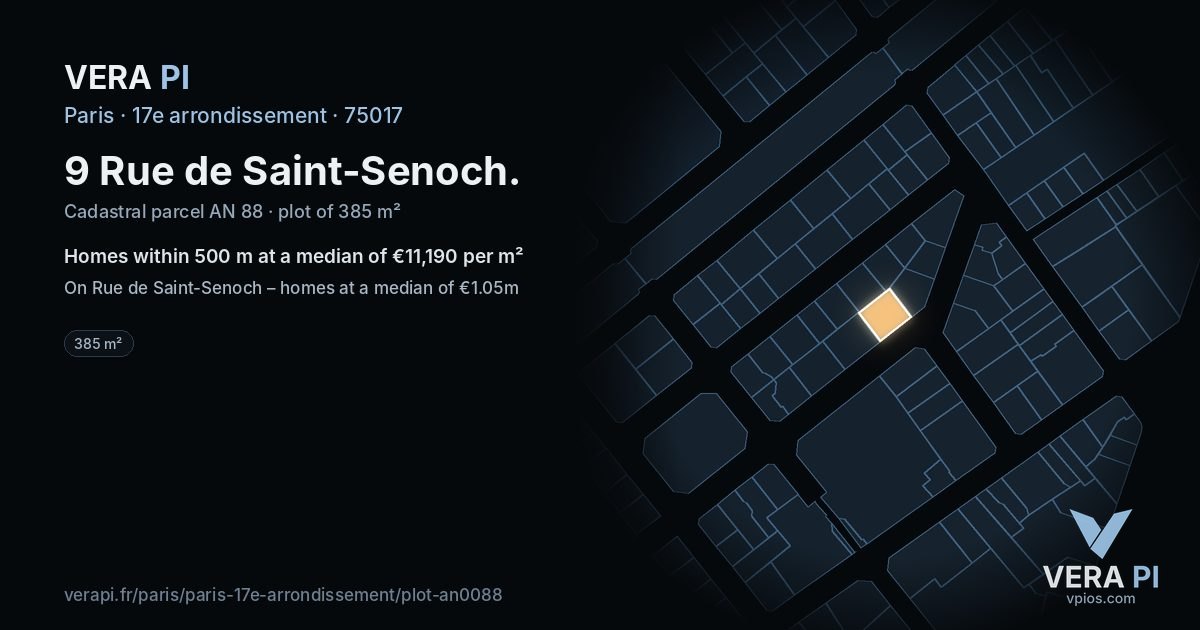 9 Rue de Saint-Senoch, 17e arrondissement at night – the plot lit, the parcels around coloured by the prices near them