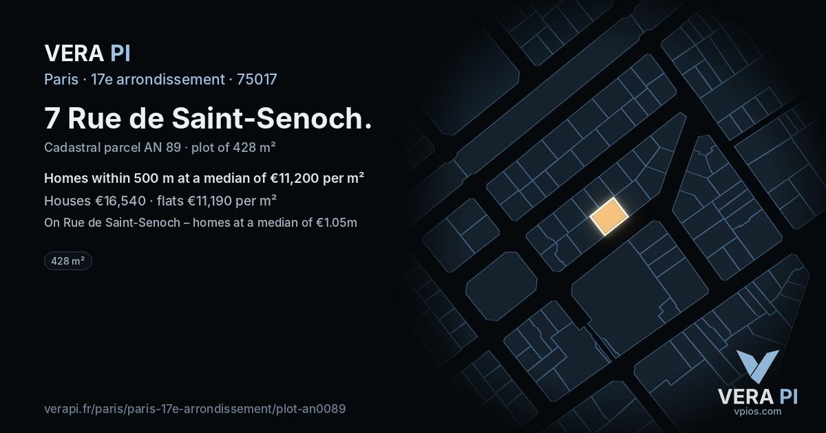7 Rue de Saint-Senoch, 17e arrondissement at night – the plot lit, the parcels around coloured by the prices near them