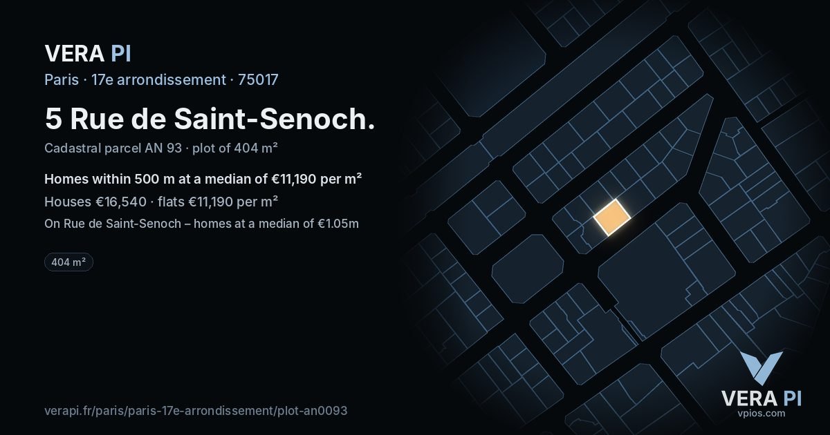 5 Rue de Saint-Senoch, 17e arrondissement at night – the plot lit, the parcels around coloured by the prices near them