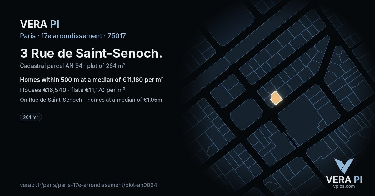 3 Rue de Saint-Senoch, 17e arrondissement at night – the plot lit, the parcels around coloured by the prices near them
