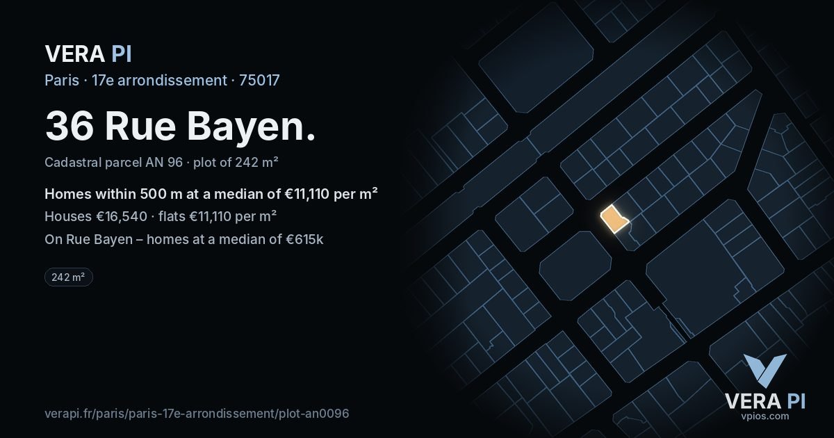 36 Rue Bayen, 17e arrondissement at night – the plot lit, the parcels around coloured by the prices near them