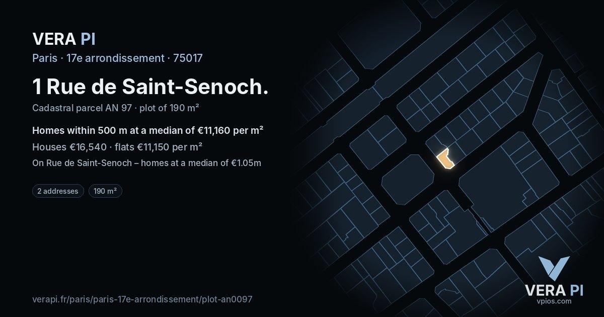 1 Rue de Saint-Senoch, 17e arrondissement at night – the plot lit, the parcels around coloured by the prices near them