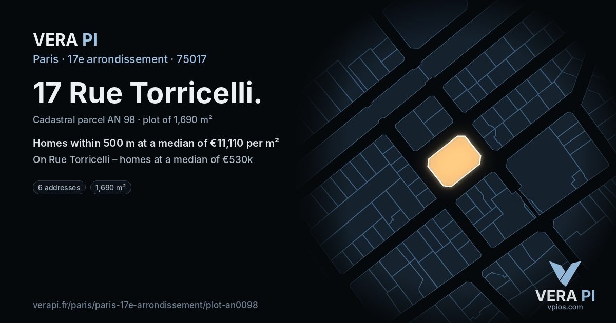 17 Rue Torricelli, 17e arrondissement at night – the plot lit, the parcels around coloured by the prices near them
