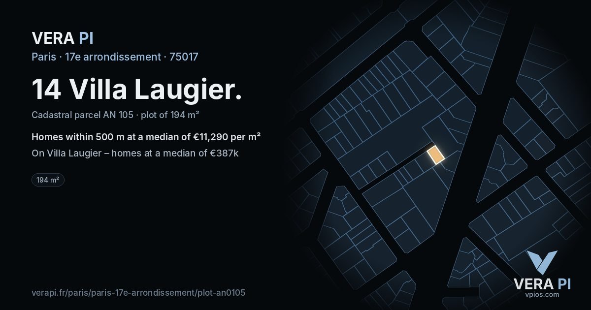 14 Villa Laugier, 17e arrondissement at night – the plot lit, the parcels around coloured by the prices near them