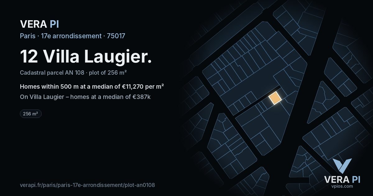 12 Villa Laugier, 17e arrondissement at night – the plot lit, the parcels around coloured by the prices near them