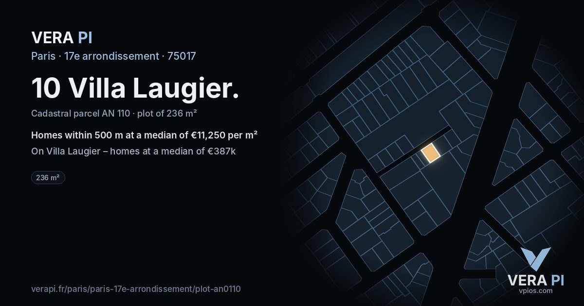 10 Villa Laugier, 17e arrondissement at night – the plot lit, the parcels around coloured by the prices near them