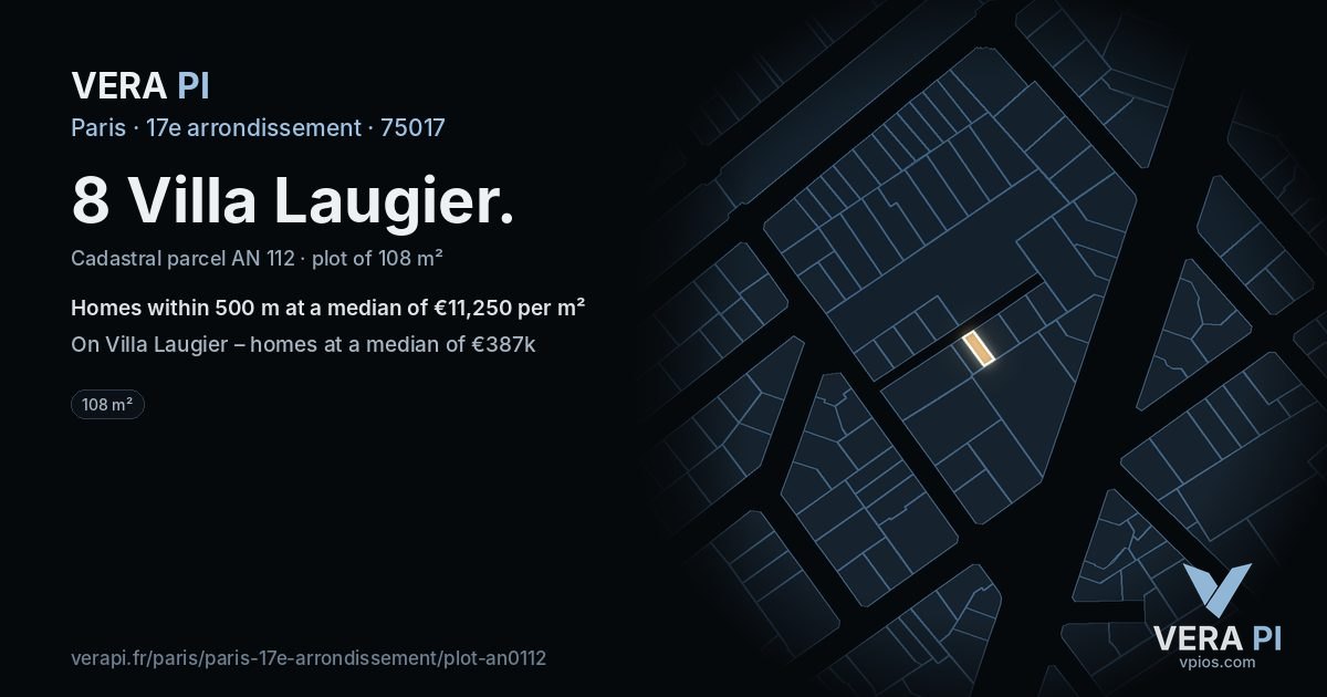 8 Villa Laugier, 17e arrondissement at night – the plot lit, the parcels around coloured by the prices near them