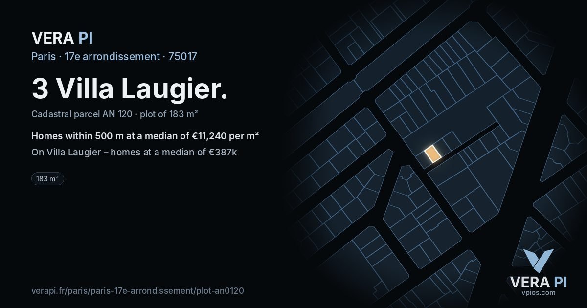 3 Villa Laugier, 17e arrondissement at night – the plot lit, the parcels around coloured by the prices near them