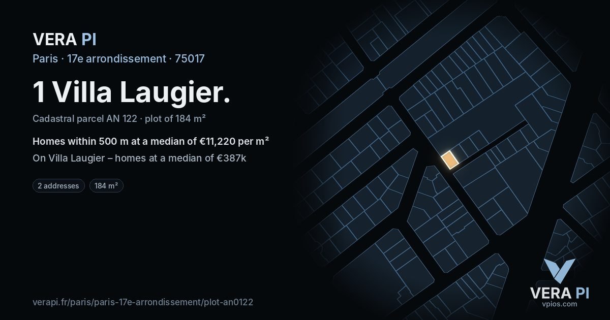 1 Villa Laugier, 17e arrondissement at night – the plot lit, the parcels around coloured by the prices near them