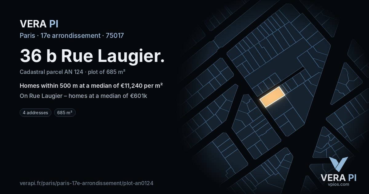 36 b Rue Laugier, 17e arrondissement at night – the plot lit, the parcels around coloured by the prices near them