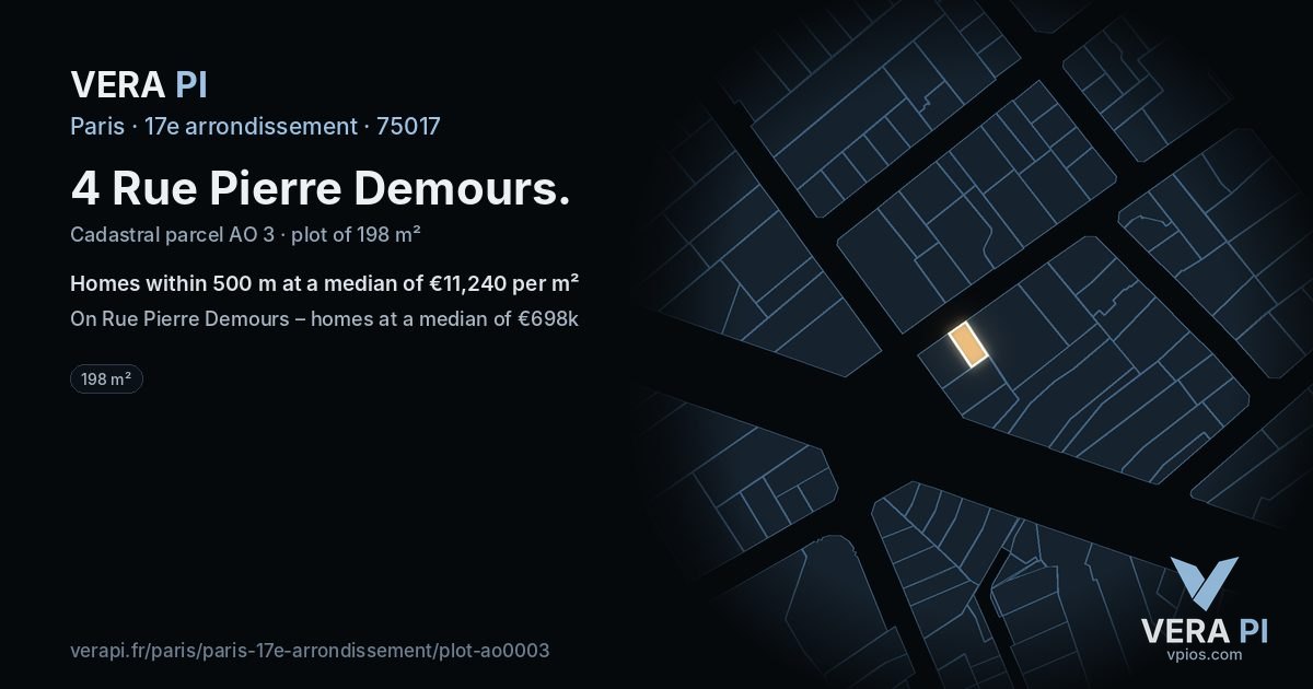 4 Rue Pierre Demours, 17e arrondissement at night – the plot lit, the parcels around coloured by the prices near them