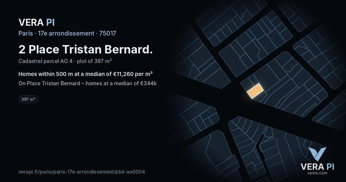 2 Place Tristan Bernard, 17e arrondissement at night – the plot lit, the parcels around coloured by the prices near them