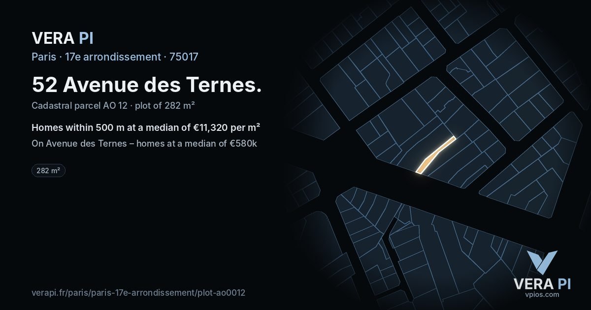 52 Avenue des Ternes, 17e arrondissement at night – the plot lit, the parcels around coloured by the prices near them