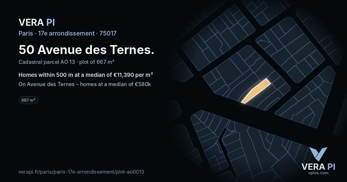 50 Avenue des Ternes, 17e arrondissement at night – the plot lit, the parcels around coloured by the prices near them