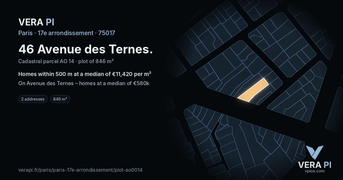 46 Avenue des Ternes, 17e arrondissement at night – the plot lit, the parcels around coloured by the prices near them