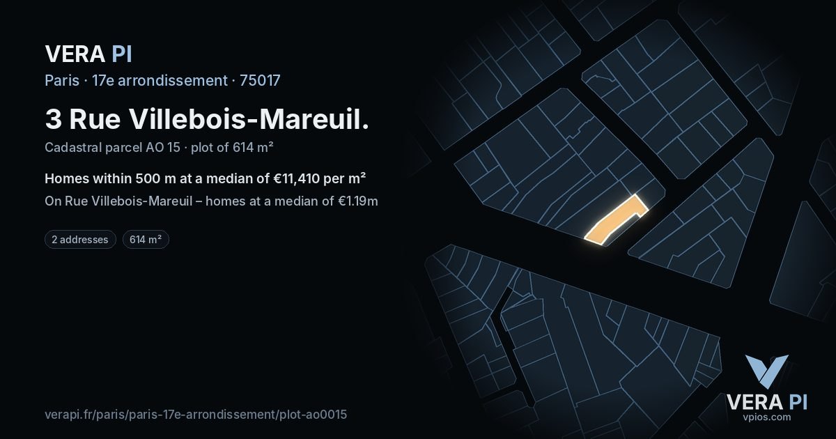 3 Rue Villebois-Mareuil, 17e arrondissement at night – the plot lit, the parcels around coloured by the prices near them