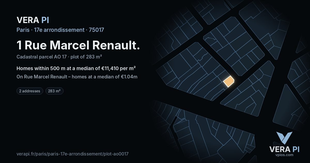 1 Rue Marcel Renault, 17e arrondissement at night – the plot lit, the parcels around coloured by the prices near them