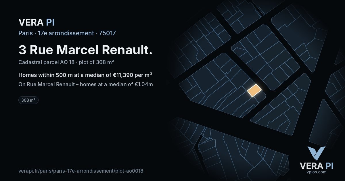 3 Rue Marcel Renault, 17e arrondissement at night – the plot lit, the parcels around coloured by the prices near them