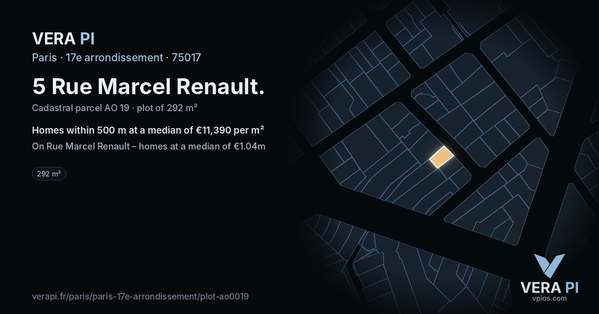 5 Rue Marcel Renault, 17e arrondissement at night – the plot lit, the parcels around coloured by the prices near them