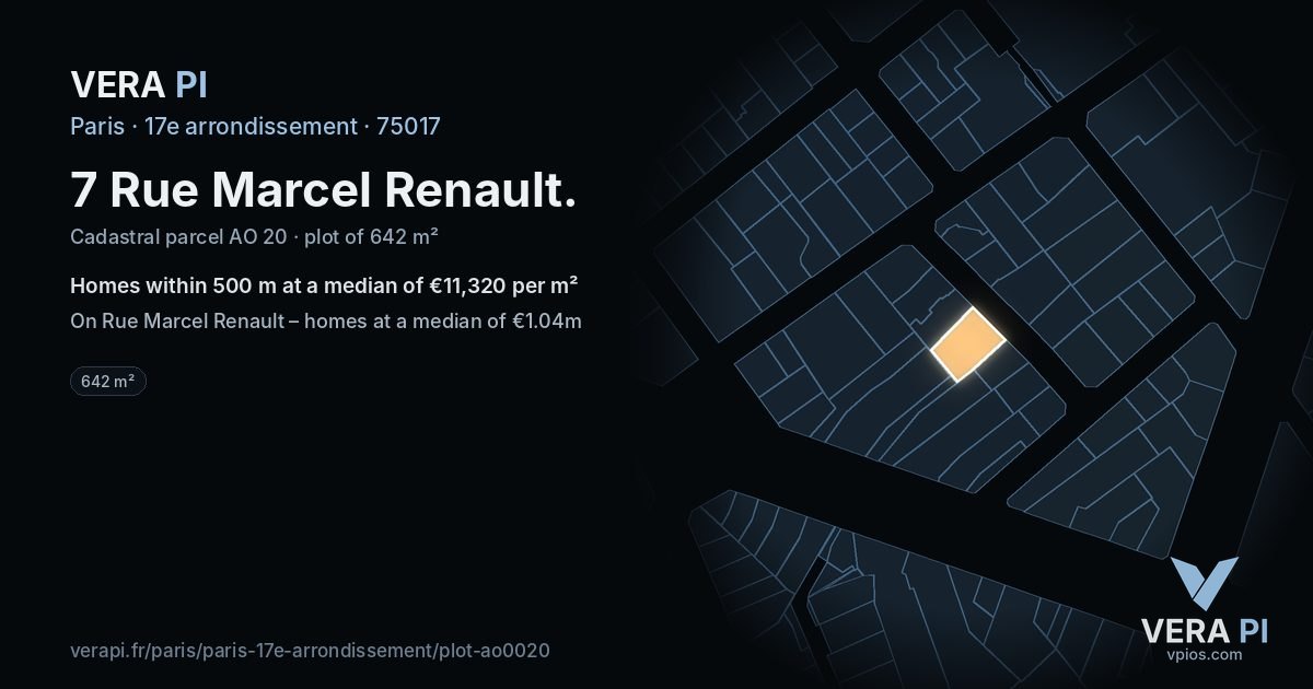 7 Rue Marcel Renault, 17e arrondissement at night – the plot lit, the parcels around coloured by the prices near them