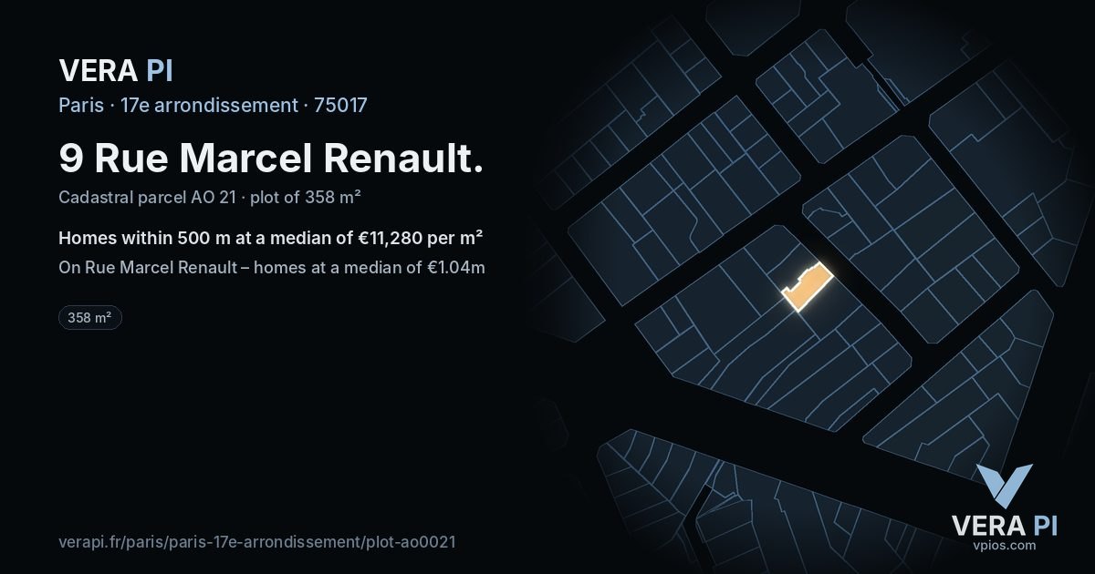 9 Rue Marcel Renault, 17e arrondissement at night – the plot lit, the parcels around coloured by the prices near them