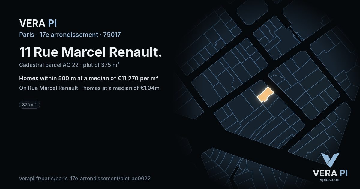 11 Rue Marcel Renault, 17e arrondissement at night – the plot lit, the parcels around coloured by the prices near them