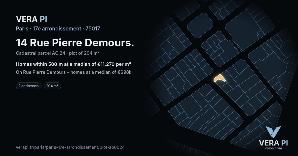 14 Rue Pierre Demours, 17e arrondissement at night – the plot lit, the parcels around coloured by the prices near them