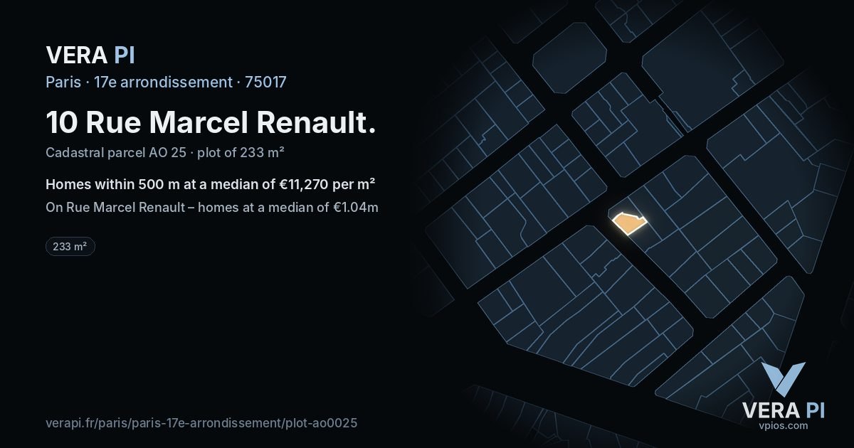 10 Rue Marcel Renault, 17e arrondissement at night – the plot lit, the parcels around coloured by the prices near them