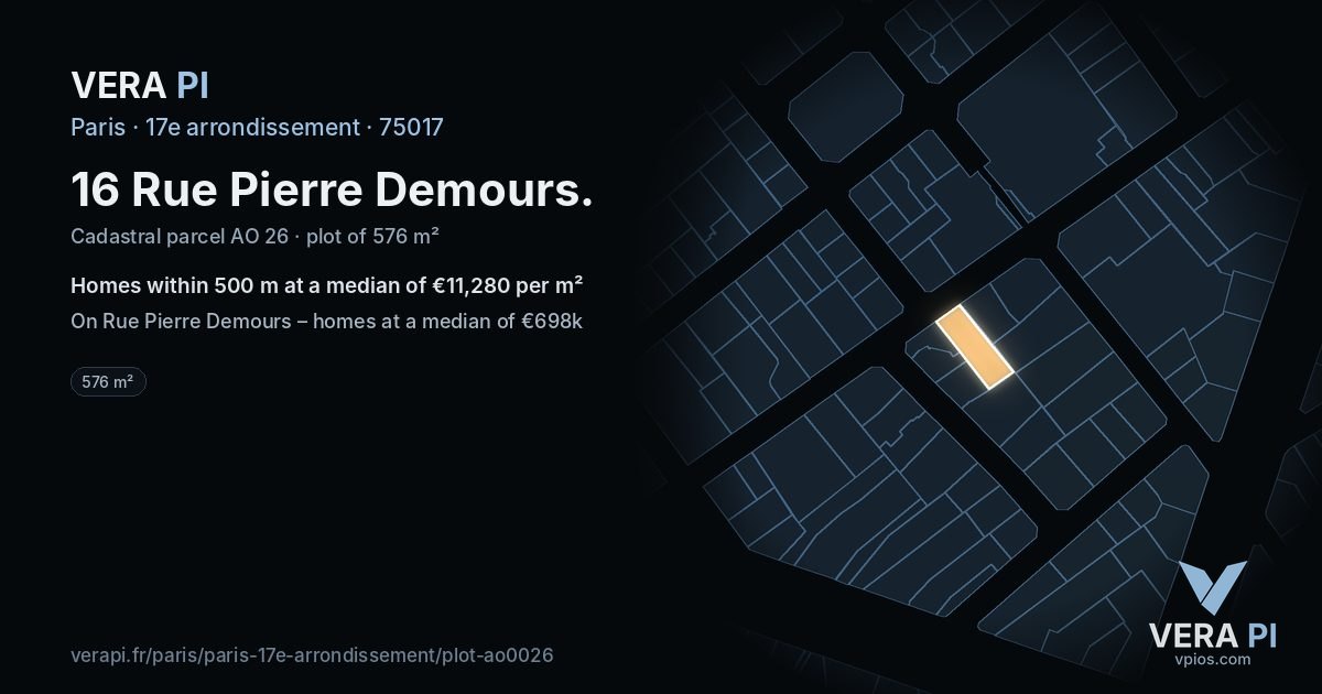 16 Rue Pierre Demours, 17e arrondissement at night – the plot lit, the parcels around coloured by the prices near them