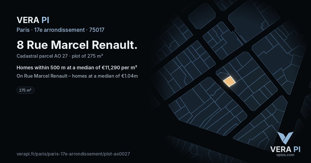 8 Rue Marcel Renault, 17e arrondissement at night – the plot lit, the parcels around coloured by the prices near them