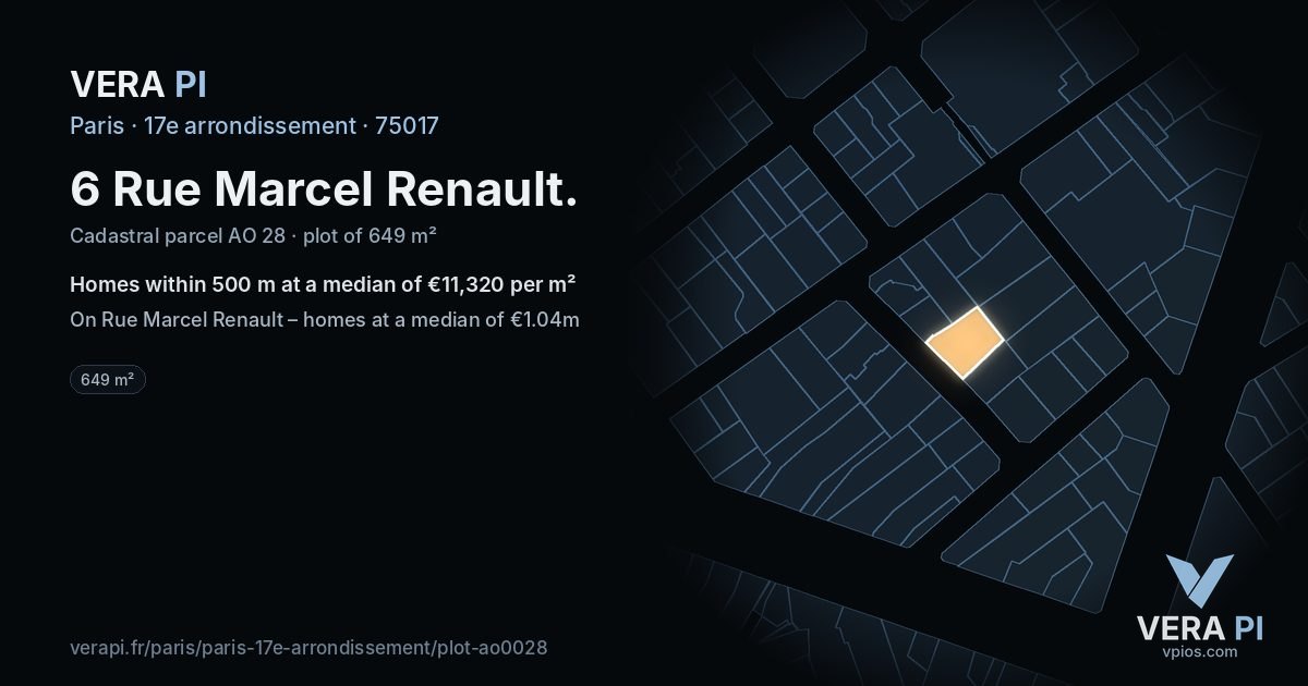 6 Rue Marcel Renault, 17e arrondissement at night – the plot lit, the parcels around coloured by the prices near them