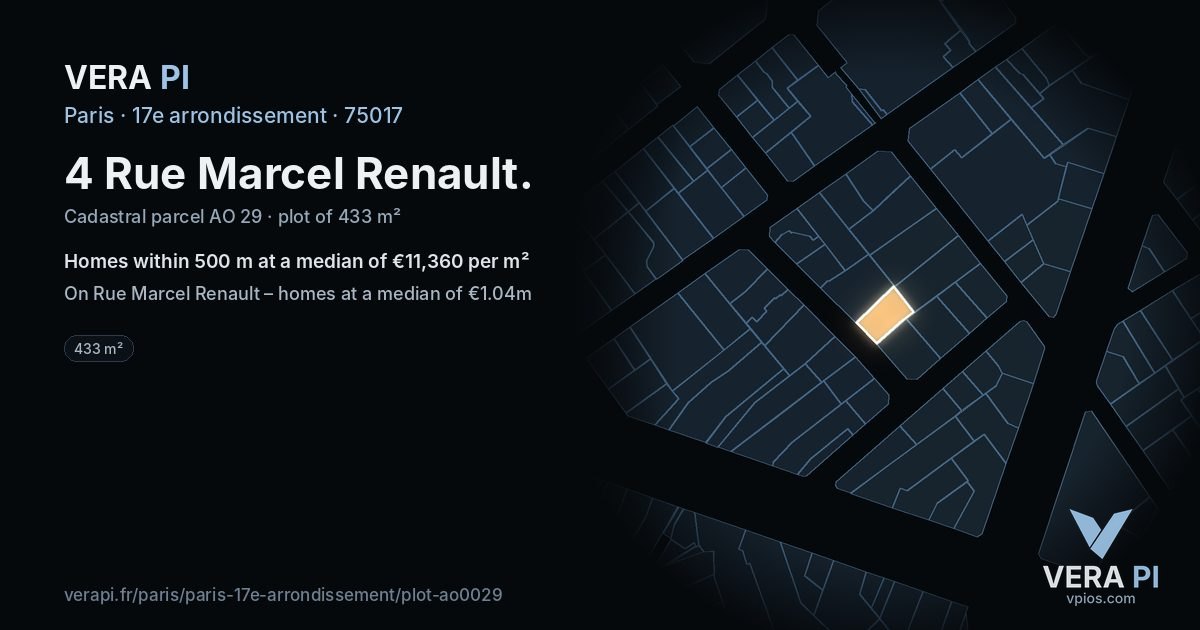 4 Rue Marcel Renault, 17e arrondissement at night – the plot lit, the parcels around coloured by the prices near them