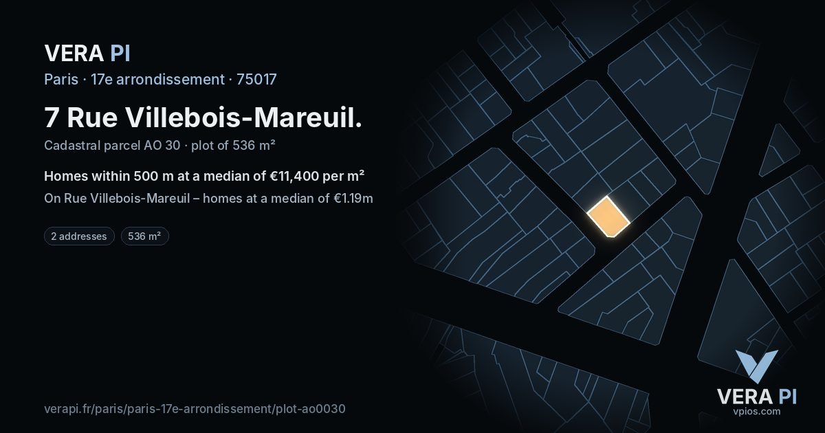 7 Rue Villebois-Mareuil, 17e arrondissement at night – the plot lit, the parcels around coloured by the prices near them