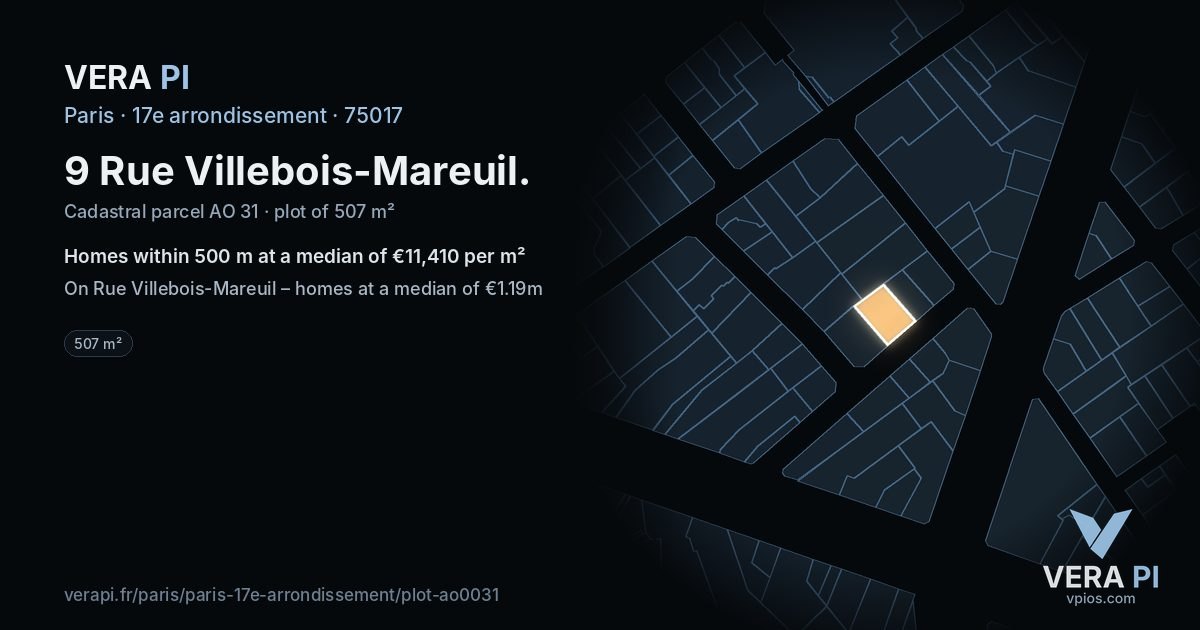 9 Rue Villebois-Mareuil, 17e arrondissement at night – the plot lit, the parcels around coloured by the prices near them