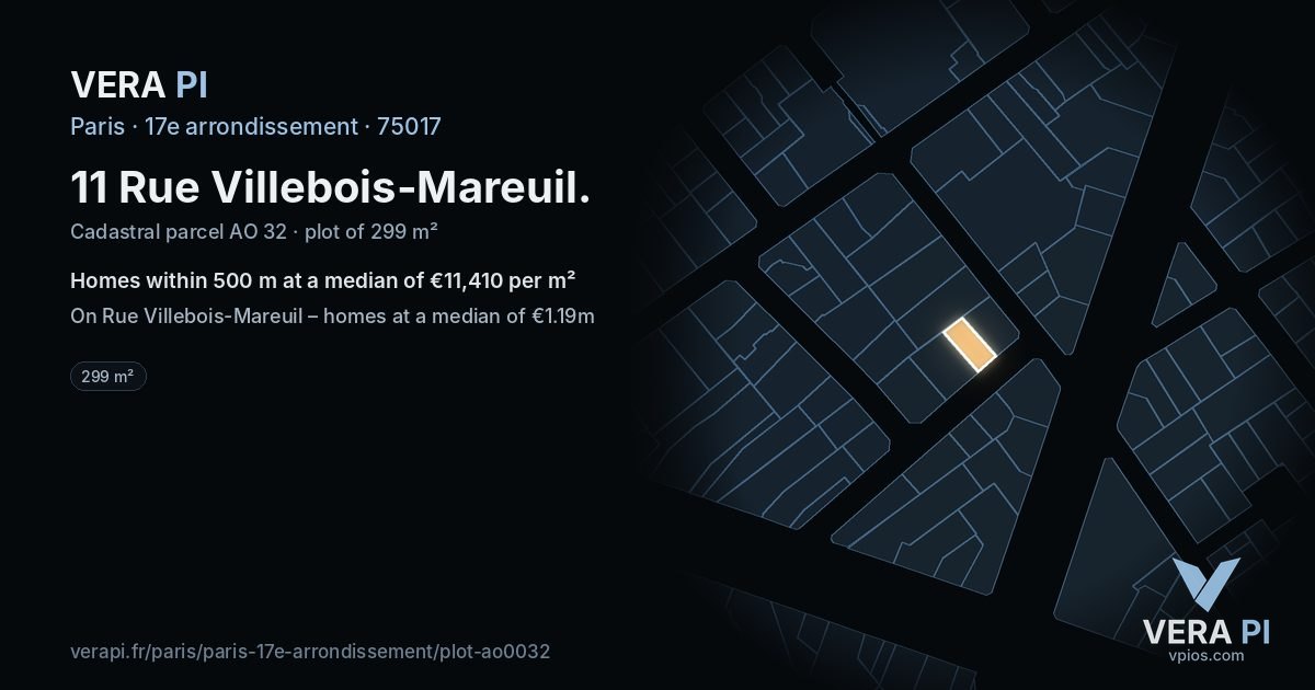 11 Rue Villebois-Mareuil, 17e arrondissement at night – the plot lit, the parcels around coloured by the prices near them