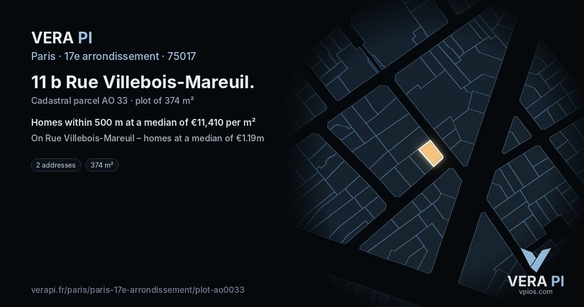 11 b Rue Villebois-Mareuil, 17e arrondissement at night – the plot lit, the parcels around coloured by the prices near them
