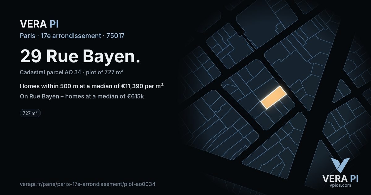 29 Rue Bayen, 17e arrondissement at night – the plot lit, the parcels around coloured by the prices near them
