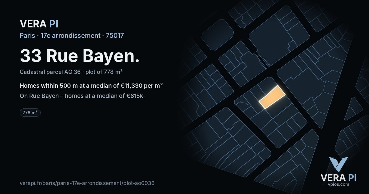 33 Rue Bayen, 17e arrondissement at night – the plot lit, the parcels around coloured by the prices near them