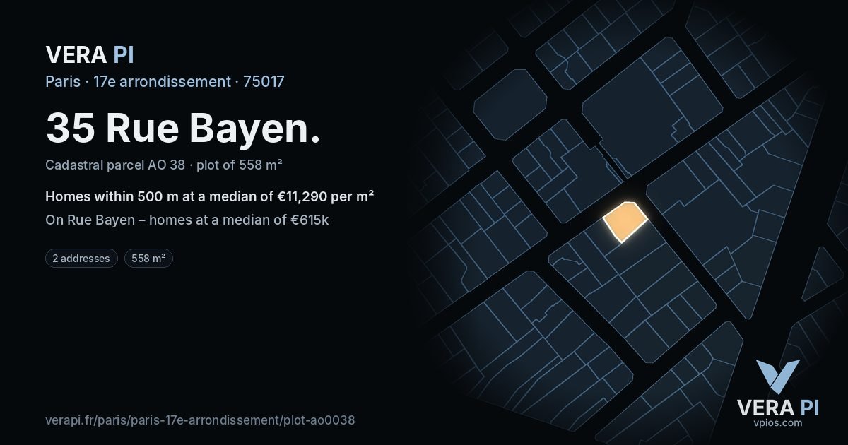 35 Rue Bayen, 17e arrondissement at night – the plot lit, the parcels around coloured by the prices near them
